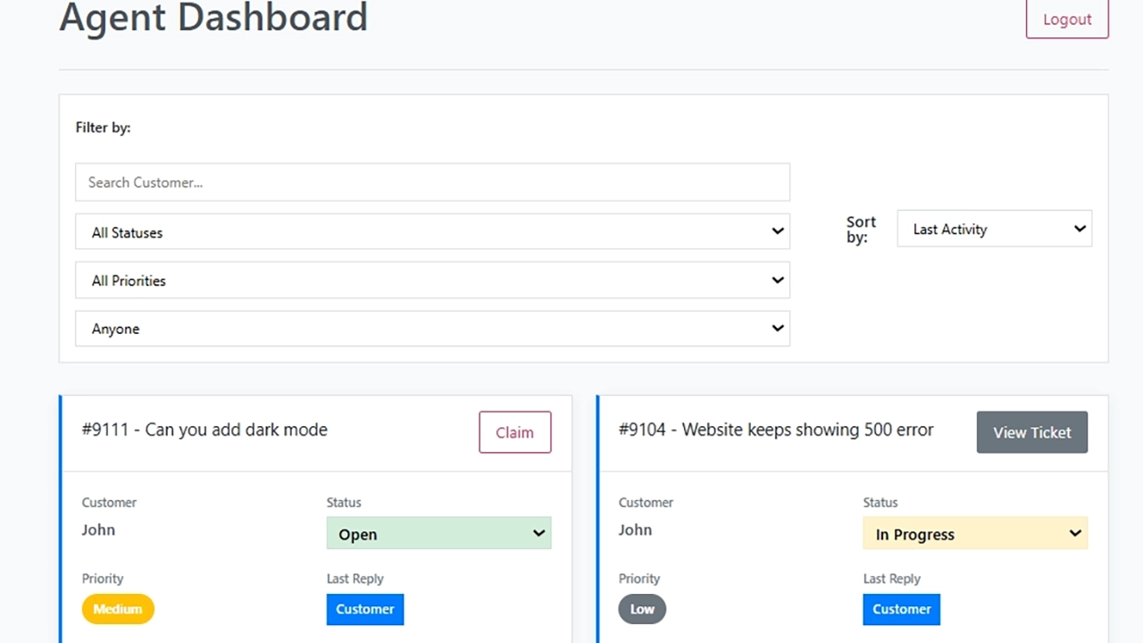 Modern Dashboard for Focused Agents: Provide your support agents with a fast and focused workspace, built with Vue.js. They can easily filter tickets, "Claim" unassigned requests , and manage their workflow without the distractions of the regular WordPress admin.