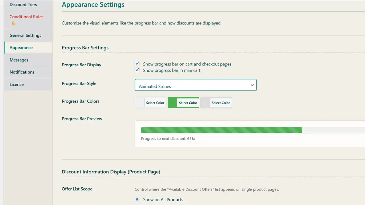 Fully Customize the Look and Feel: Tailor the appearance of all discount elements to perfectly match your store's branding. Enable and style the visual progress bar with multiple designs like Flat, Gradient, or Animated Stripes, and set custom colors. You can control exactly where and how discount information is presented to your customers for a seamless user experience.