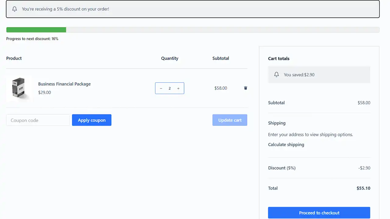 Transform Your Cart into a Sales Machine: Empower your cart page to do more than just summarize an order. A dynamic progress bar motivates customers to add more items to reach the next discount tier. Clear, customizable notifications confirm their current savings and guide them on how to save even more, directly boosting your average order value.