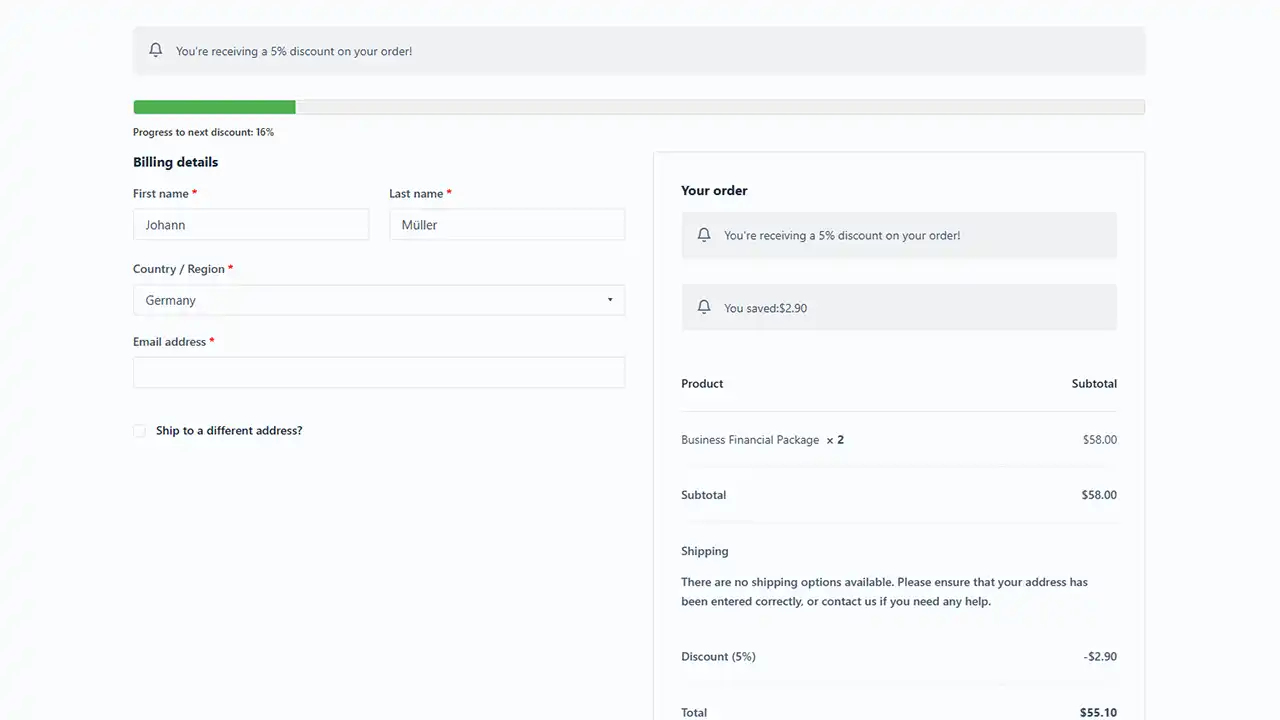 A Seamless and Transparent Checkout Process: Ava Cart Discounts integrates smoothly into the native WooCommerce checkout page. Continue to motivate users with the progress bar to prevent last-minute cart abandonment and use clear notices to reassure them of their savings. The final discount is clearly itemized in the order summary, building trust and ensuring a positive user experience.