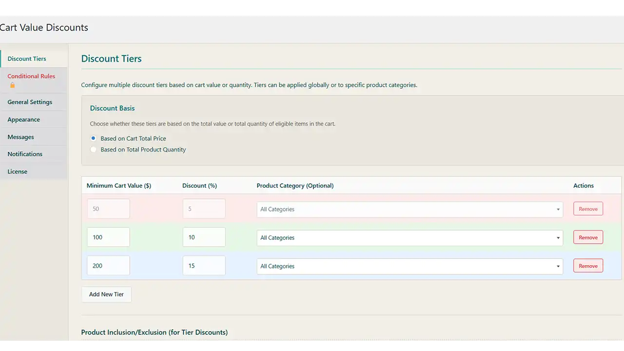 Intuitive Tiered Discount Setup: Create an unlimited number of discount tiers in just a few clicks. Set tiers based on either the cart's total monetary value or the total quantity of items. You can also apply tiers globally or restrict them to specific product categories for complete control over your promotional strategy.