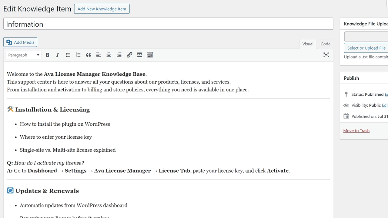 Effortless Content Creation: Use a familiar WordPress editor to add articles or simply upload .txt files. The plugin automatically processes the content for the AI.