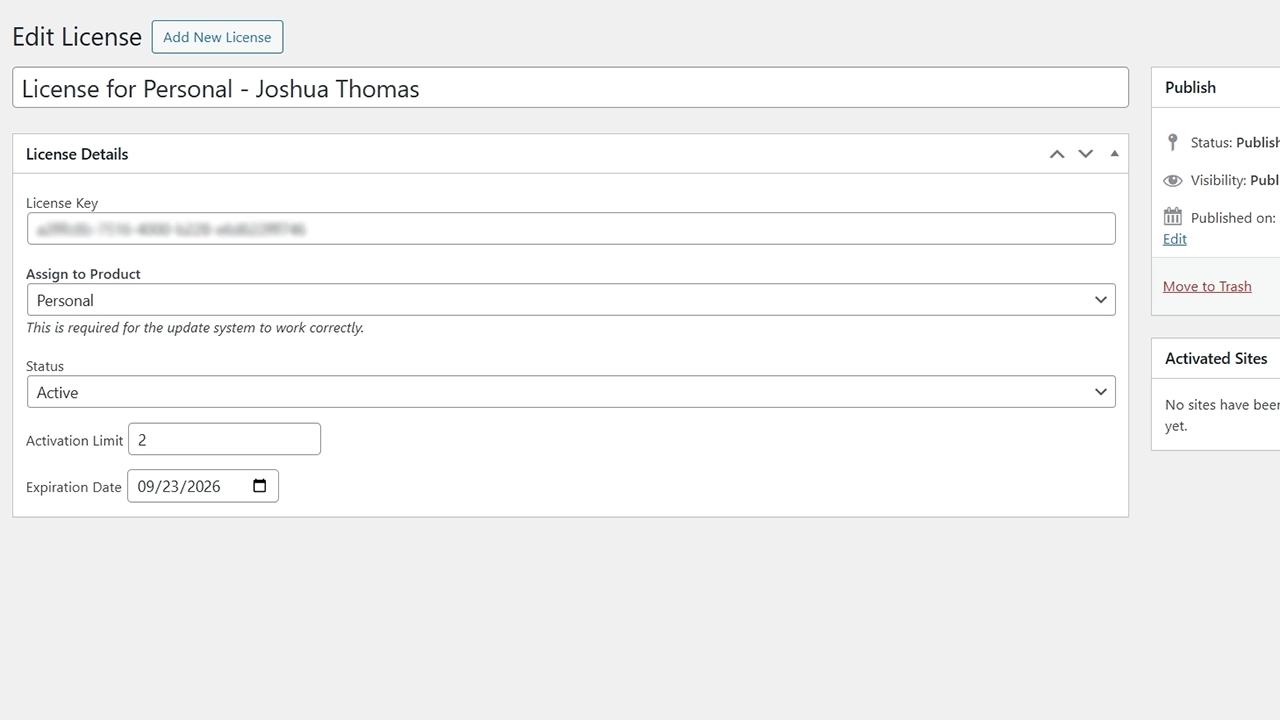 Powerful License Management: You have full control over each license. Manually edit the status, set a specific number of sites a license can be activated on, and define expiration dates.