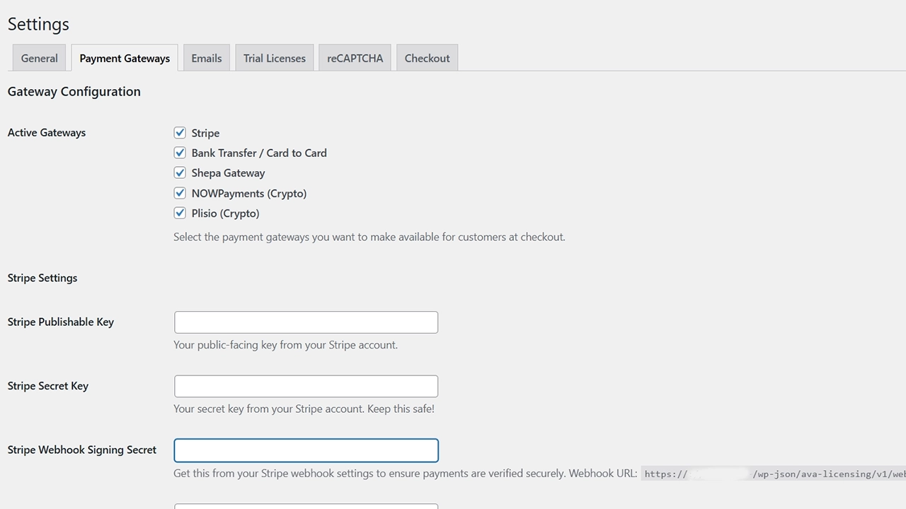 Multi-Gateway Support: Don't limit your customers. The plugin comes ready with built-in gateways for Stripe (Credit Cards), Bank Transfer, and multiple cryptocurrencies (NOWPayments, Plisio).