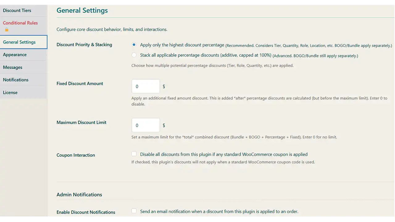 Total Control Over Your Discount Strategy: Fine-tune the core behavior of your discounts from a single settings panel. Decide whether to apply only the highest discount or stack them. Set a maximum monetary cap to protect your margins and choose to disable all plugin discounts if a customer uses a standard WooCommerce coupon.