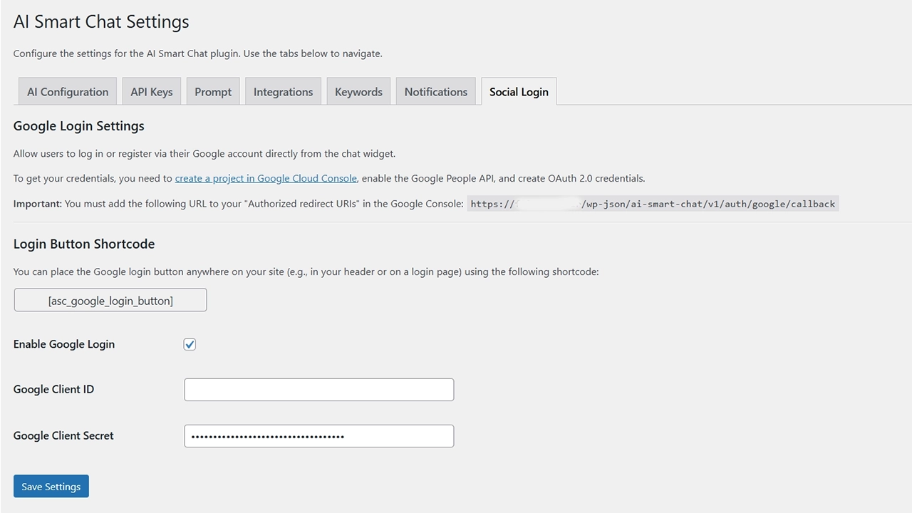 Google Social Login Integration: Allow users to sign in with their Google account for a personalized experience, either in the chat widget or anywhere on your site with a simple shortcode.