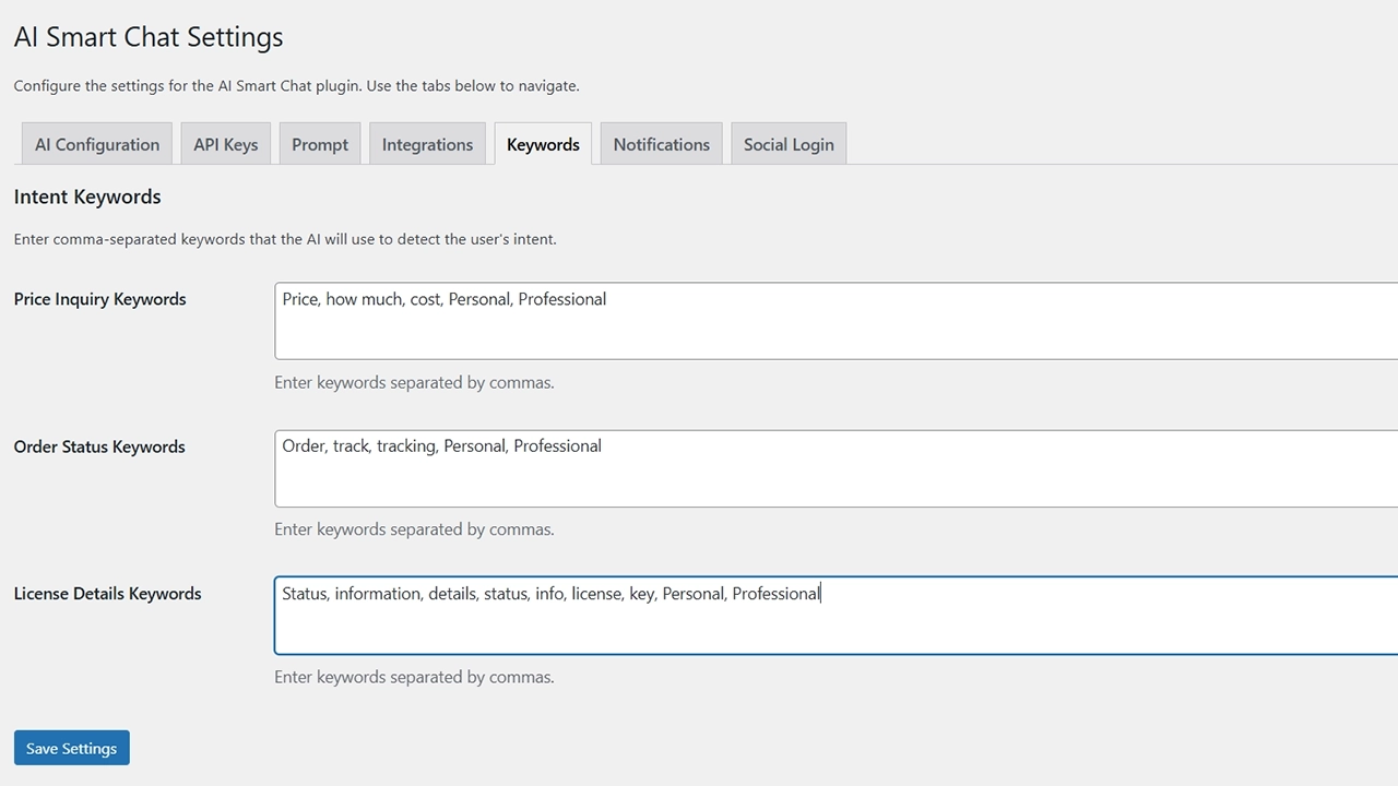 Accurate User Intent Detection: Define custom keywords for different user intents, such as price inquiries or order status checks, to help the AI provide more accurate responses.