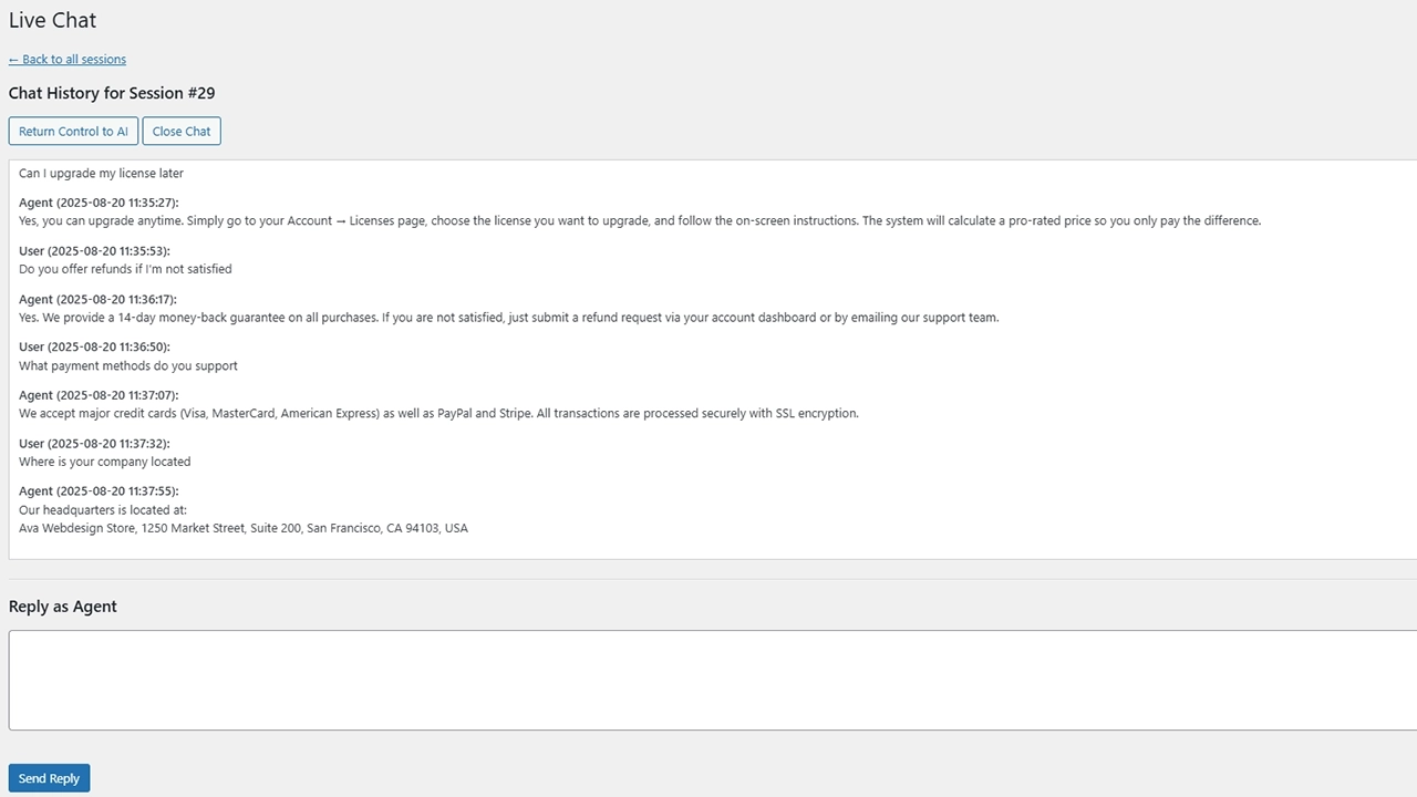 Hybrid Live Chat System: Seamlessly switch between AI and human support. The AI handles initial queries, and your agents can take over the conversation at any moment to provide a personal touch.