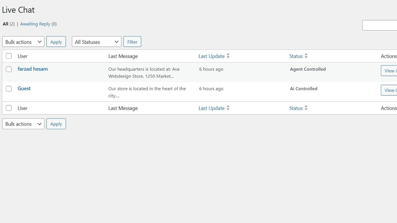 Manage All Conversations: View and manage all ongoing chats from a centralized dashboard. Easily see whether a conversation is AI-controlled or agent-controlled at a glance.