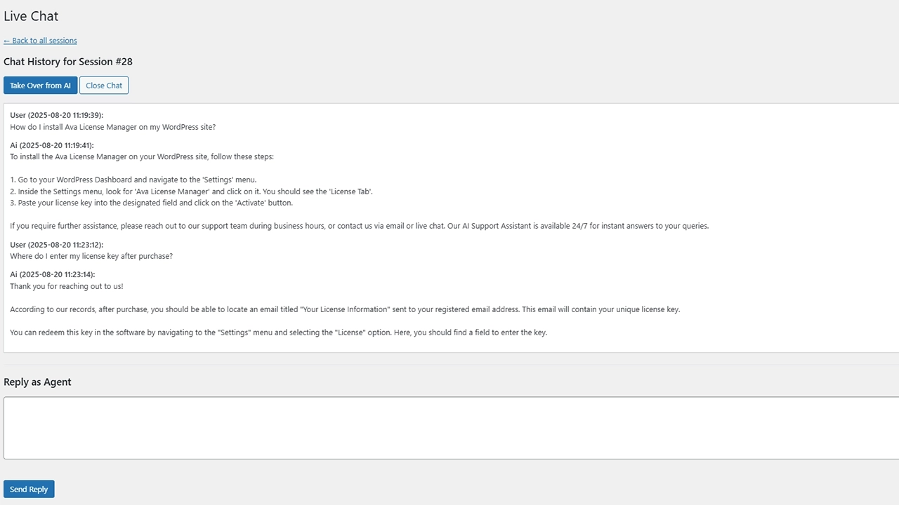 Detailed AI-Powered Conversations: Watch the AI provide helpful, multi-step answers to user queries. The "Take Over from AI" button is always available for your agents to jump in when needed.