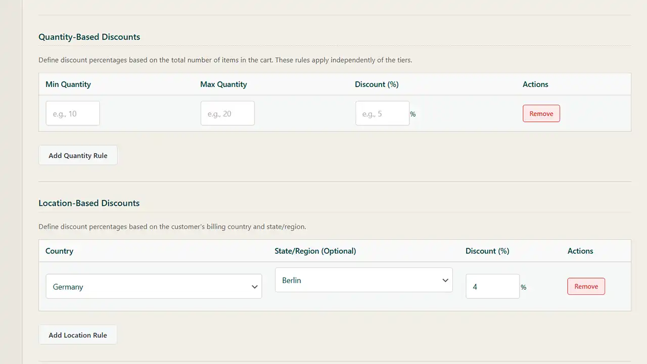 Target Customers by Location & Cart Quantity (PRO): Create highly targeted offers with advanced conditional rules. Offer unique discounts to customers in specific countries or states/regions. You can also set up rules based on the total number of items in the cart, which apply independently of the main discount tiers for more complex promotion strategies.