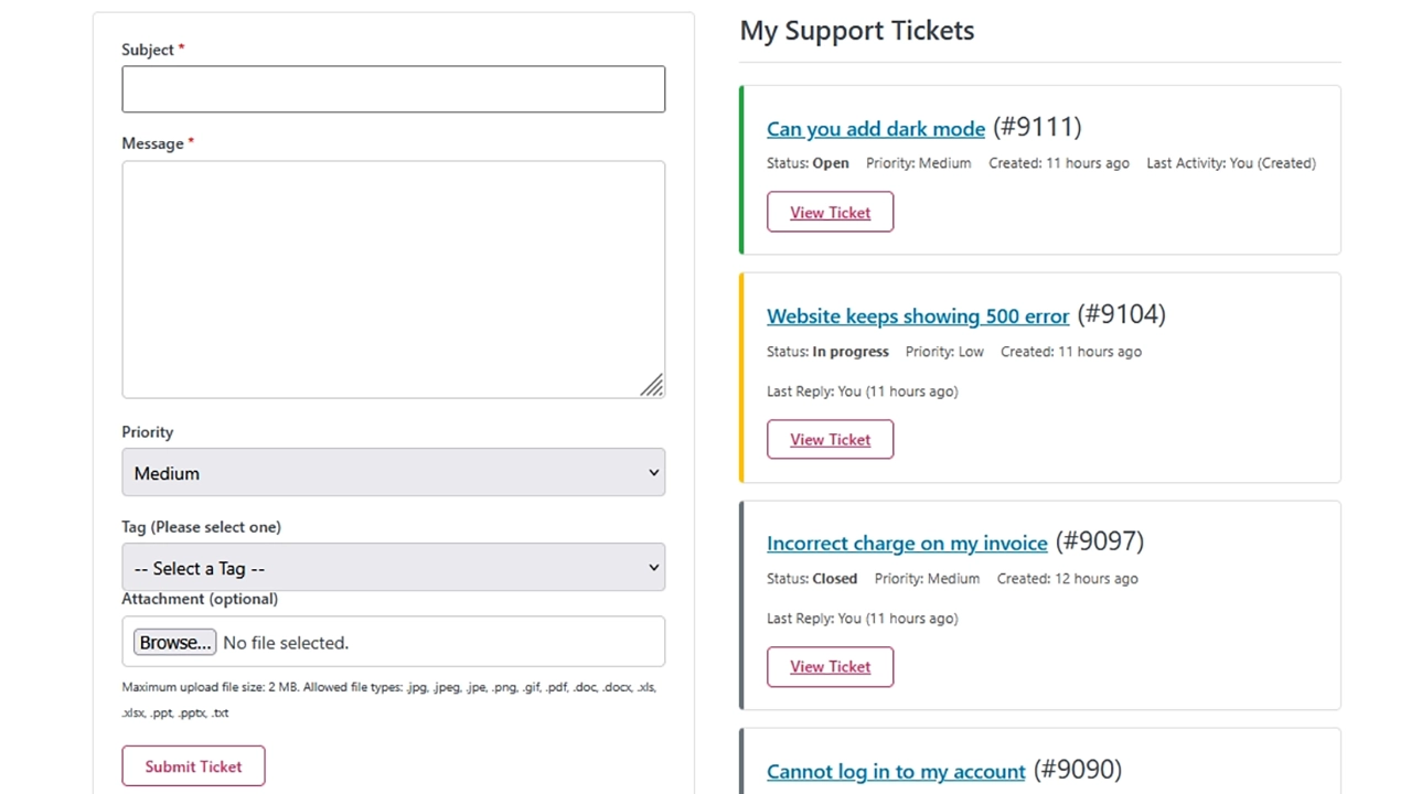 An Empowering Experience for Your Customers: Your customers get their own dedicated "My Tickets" page. Here they can submit new requests through a clean form and view a complete, organized history of all their past and present support tickets.