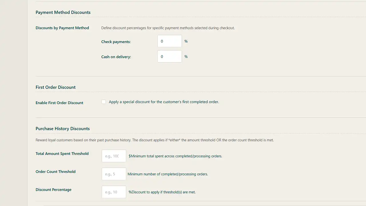 Reward Customers Based on Payment & Loyalty (PRO): Build customer loyalty and influence purchasing behavior with targeted rewards. Offer unique discounts to incentivize specific payment gateways, give a special welcome discount to new customers on their first order, or reward loyal customers based on their total spending or number of past orders.