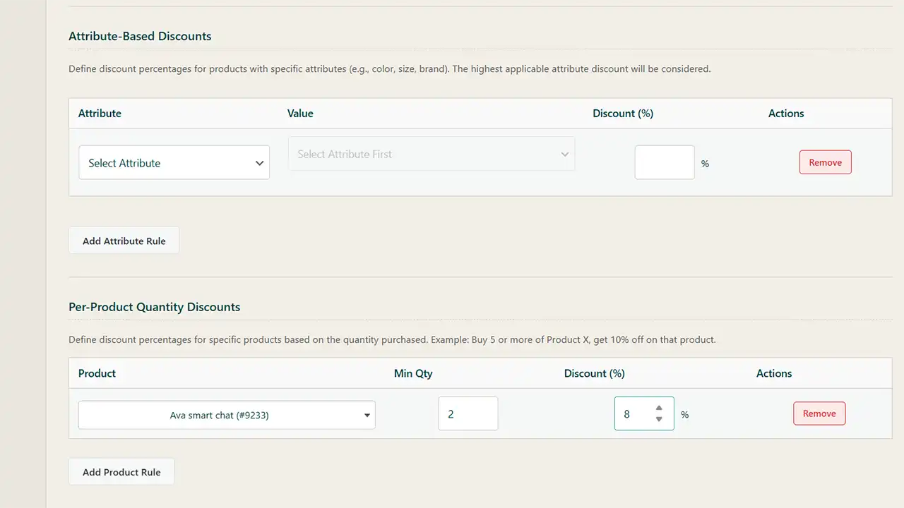 Granular Control with Attribute & Per-Product Discounts (PRO): Drill down to the product level with specific discount rules. Offer a special discount when a customer buys a larger quantity of a single product. You can also apply discounts when products with specific attributes, such as color or size, are in the cart, allowing for precise and effective promotional campaigns.