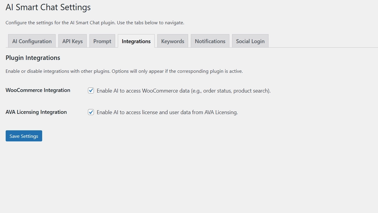 Deep WordPress Integrations: Enable seamless integrations with other plugins. Allow the AI to access WooCommerce data for order status and product search, or connect with AVA Licensing.