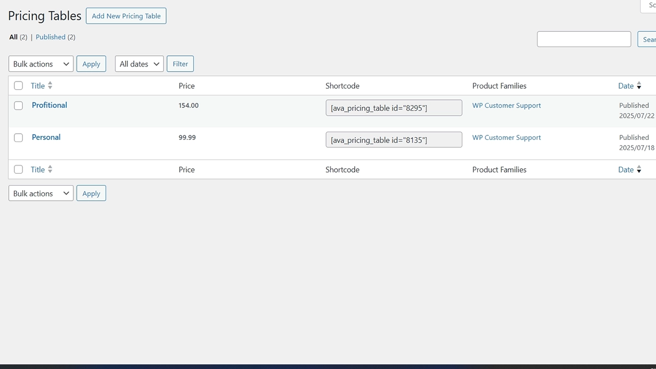 Easy Product Management:    Quickly manage all your pricing plans and display them anywhere on your site using simple shortcodes like [ava_pricing_table id="..."].