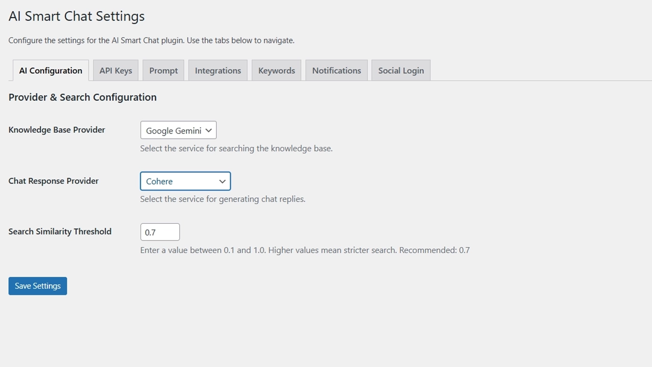 Flexible AI Provider Configuration: Mix and match AI services for optimal performance. Select a specific provider for searching the knowledge base and a different one for generating chat replies.