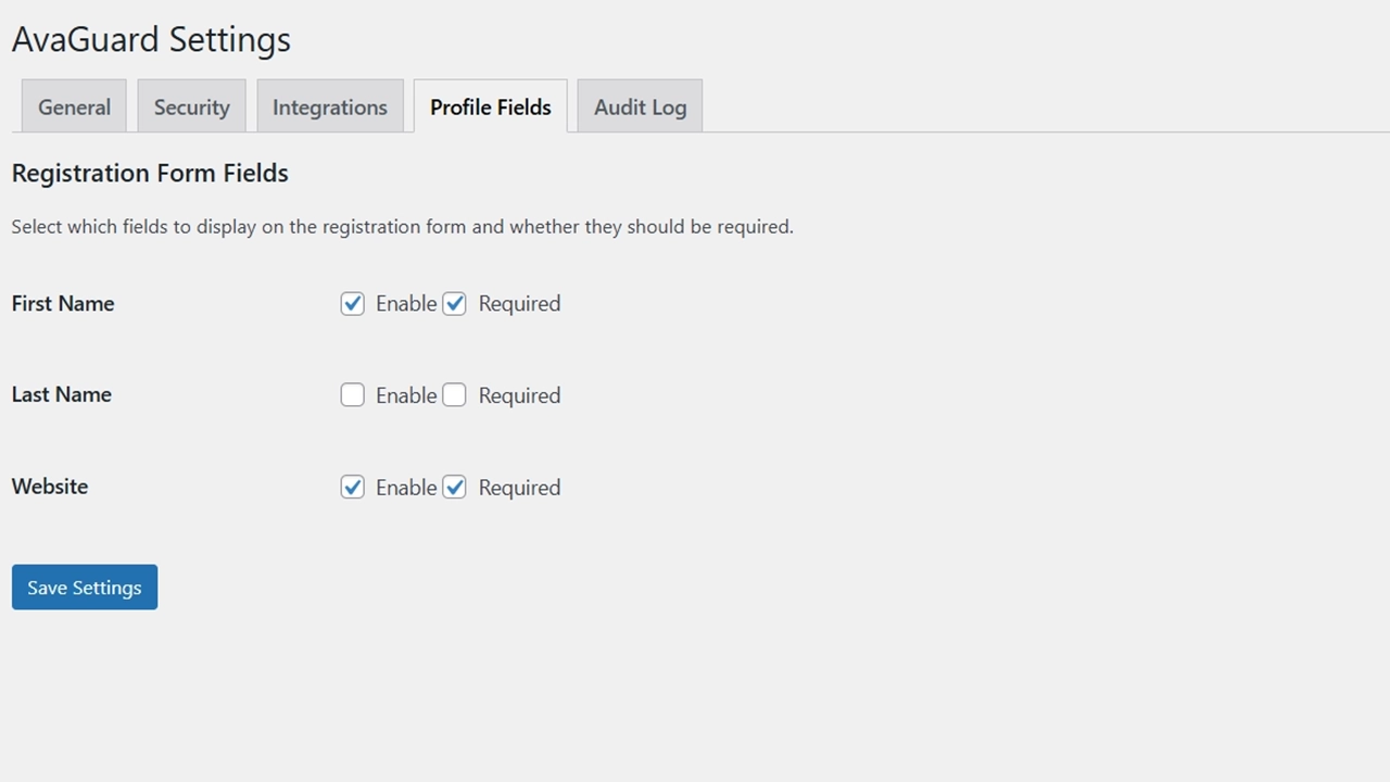 Customize Registration Fields: Easily customize the registration form by selecting which fields to display. You can set fields like First Name, Last Name, and Website as enabled and/or required for new users.