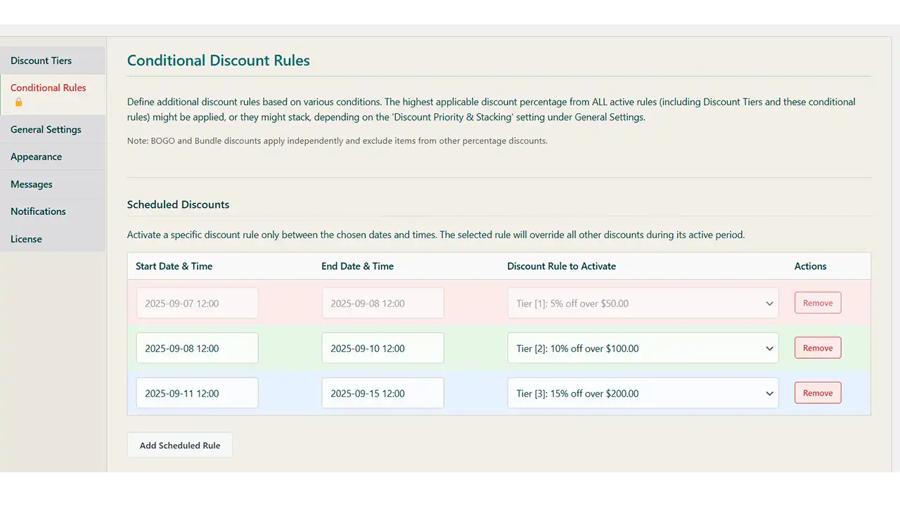 Automate Your Sales with Scheduled Discounts (PRO): Plan your promotional calendar in advance. This powerful PRO feature lets you activate any discount rule—including tiers, conditional rules, or bundles—to run automatically for a specific date and time range. It's the perfect tool for managing flash sales, holiday offers, and weekend promotions without any manual intervention.