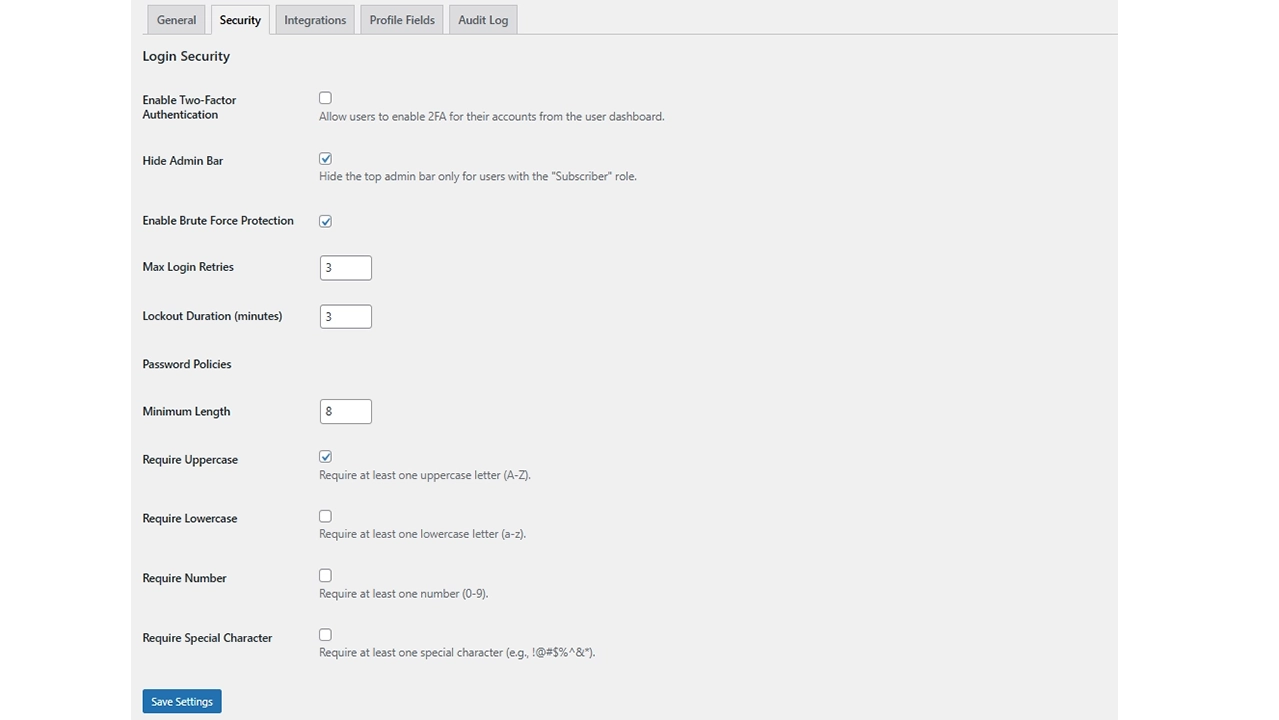 Advanced Security Controls: Take full control of your site's security. From the settings panel, you can enable Two-Factor Authentication, configure Brute Force Protection, and set custom password policies.