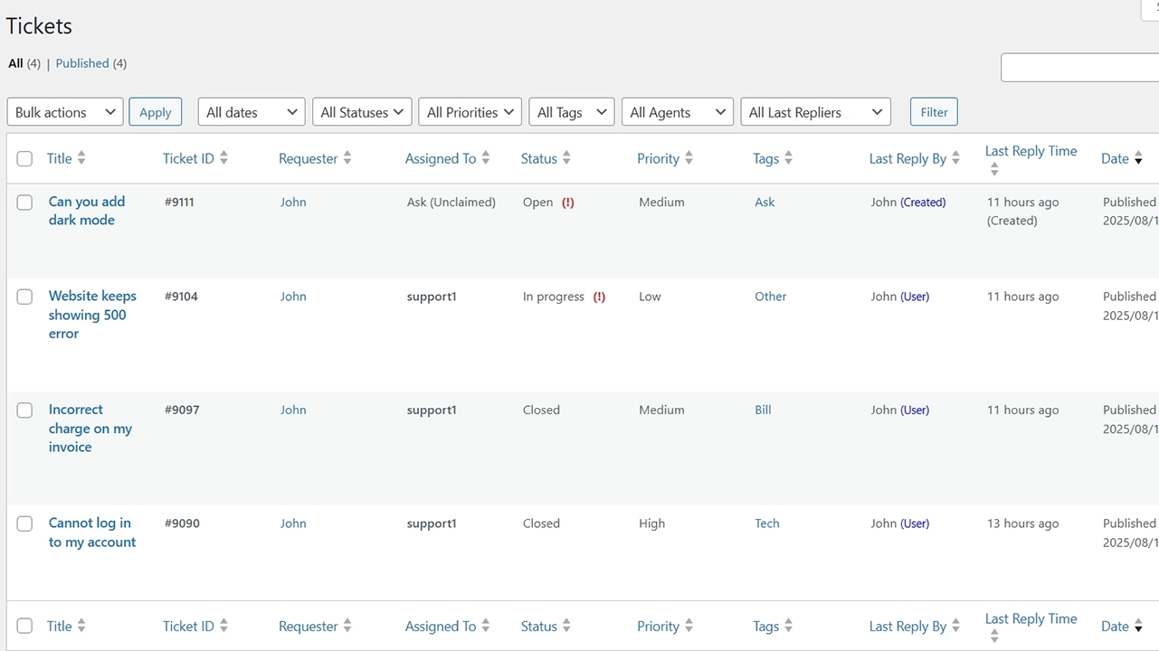 Powerful Admin Ticket Management: Manage all support requests from a powerful and familiar WordPress admin interface. Quickly filter tickets by date, status, priority, agent, and tags to find exactly what you need in seconds.