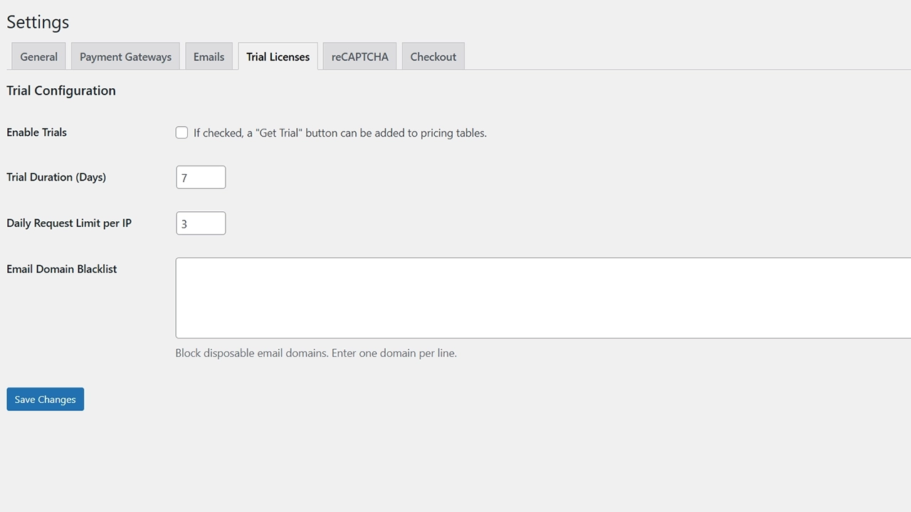 Advanced Trial Management: Configure your free trial system by setting the trial duration, limiting the number of requests per IP, and blocking disposable email domains to prevent abuse.