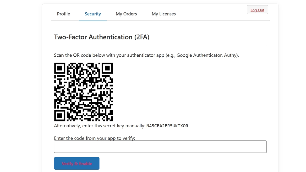 User-Managed Two-Factor Authentication (2FA): Users can enhance their account security by enabling 2FA directly from their user dashboard. The setup is simple by scanning a QR code with an authenticator app like Google Authenticator or Authy
