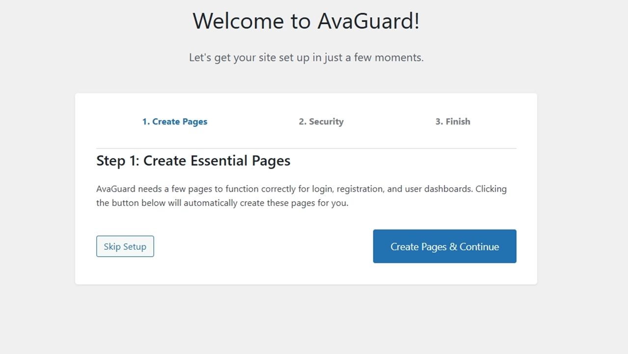Effortless Setup Wizard: Get started in moments with a quick, multi-step setup process. Automatically create all essential pages for login, registration, and the user dashboard with just a single click.